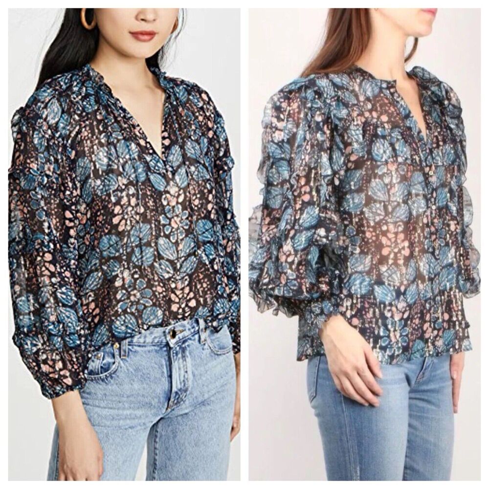 Ulla Johnson Isadora Sill Lurex Indigo Blue Sheer Floral Ruffle Blouse Size 0